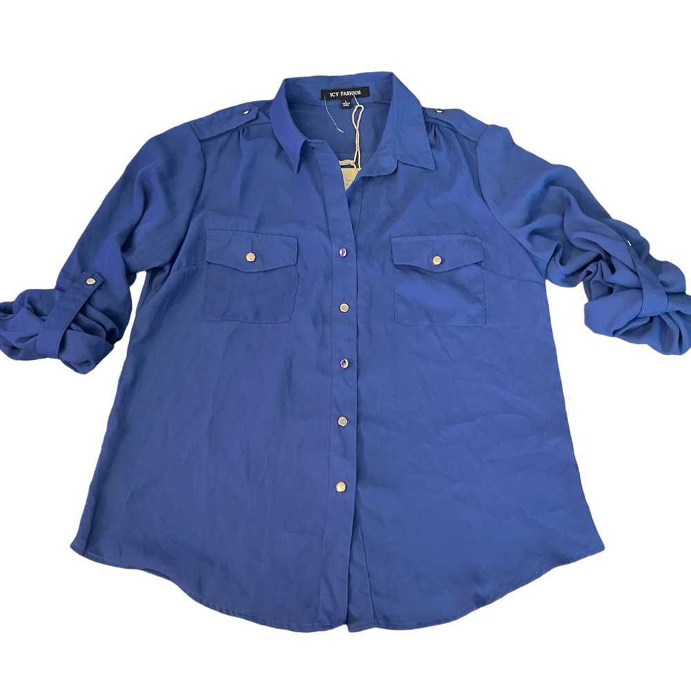 3/$25 Icy Fashion Blue Button Down Quarter Length Sleeves Blouse NWT